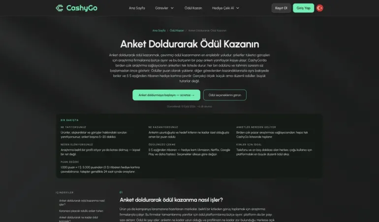 CashyGo anket görevleri sayfası ekran görüntüsü