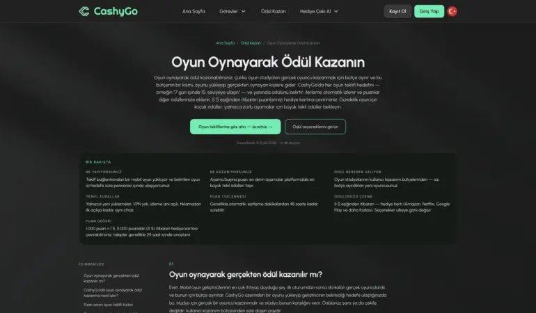 CashyGo oyun görevleri sayfası ekran görüntüsü