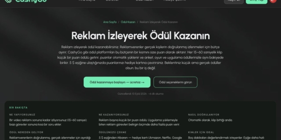 CashyGo reklam izleme görevleri sayfası ekran görüntüsü