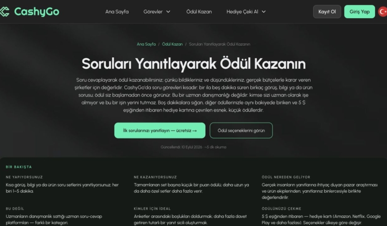 CashyGo kısa soru görevleri sayfası ekran görüntüsü