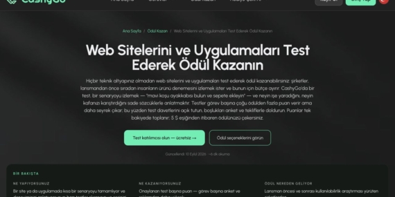 CashyGo web sitesi ve uygulama test görevleri sayfası ekran görüntüsü