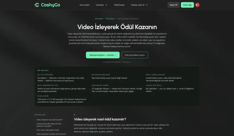 CashyGo video görevleri sayfası ekran görüntüsü